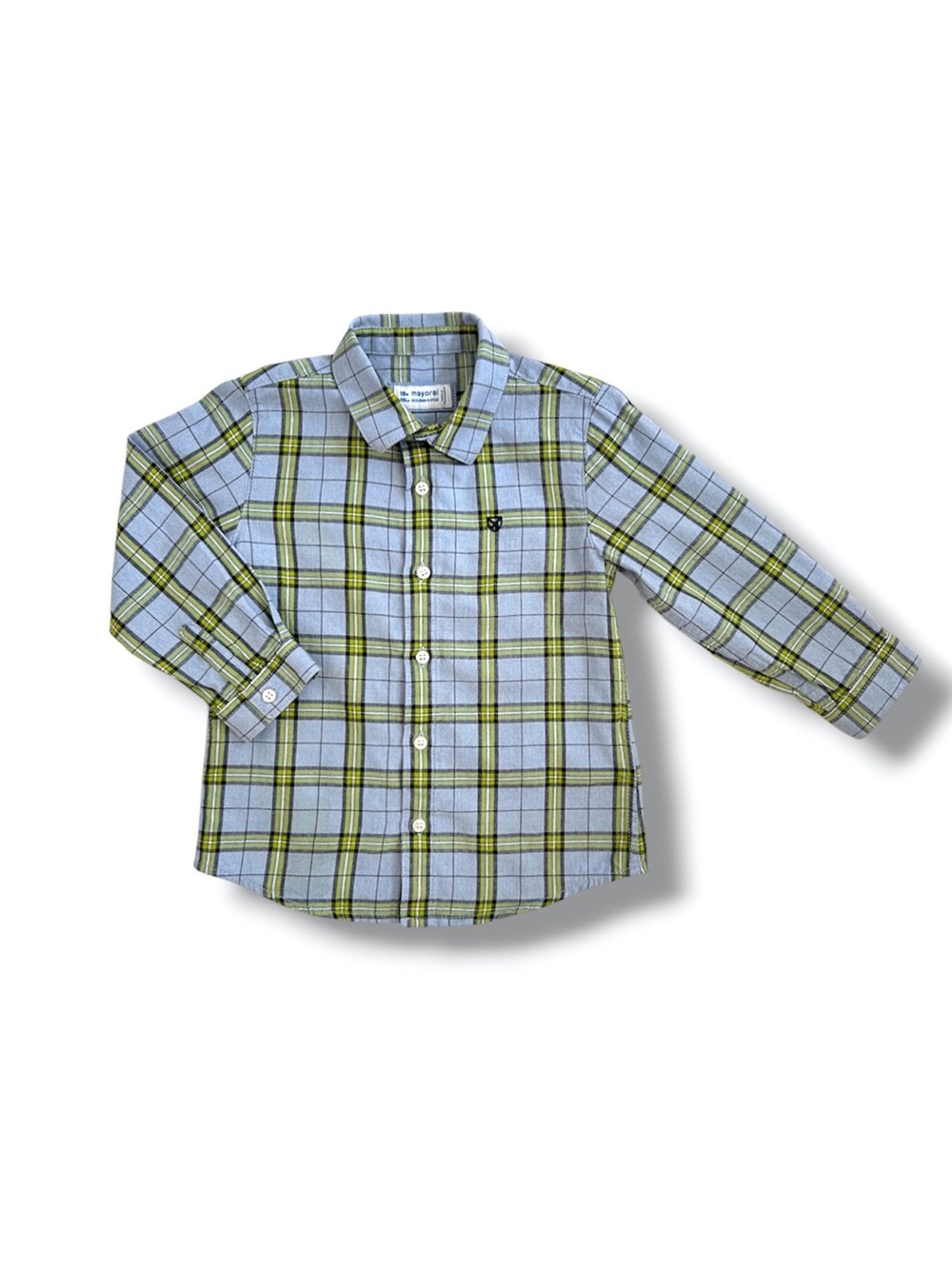Mayoral Boys Plaid Button Down Shirt 18M Blue Green Long Sleeve 100% Cotton